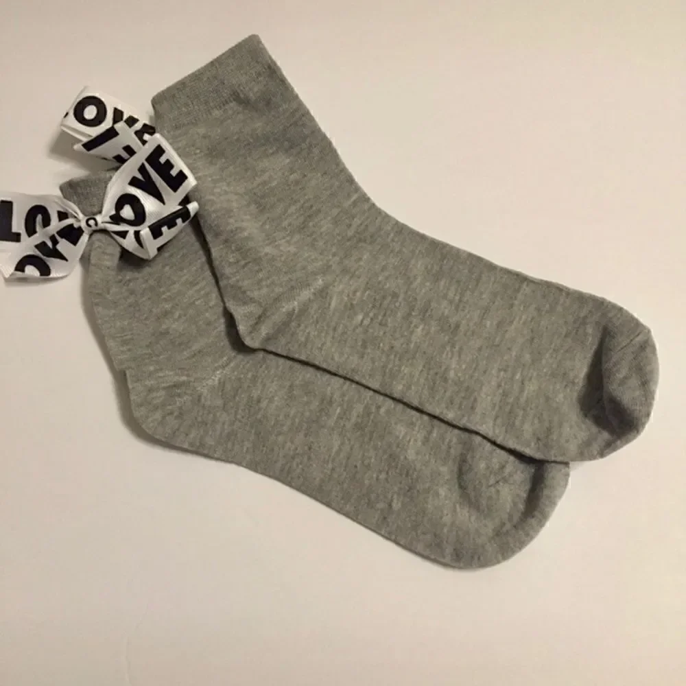 Women's Gray LOVE Bow Ankle Socks Coquette Ribbon Cotton Blend One Size